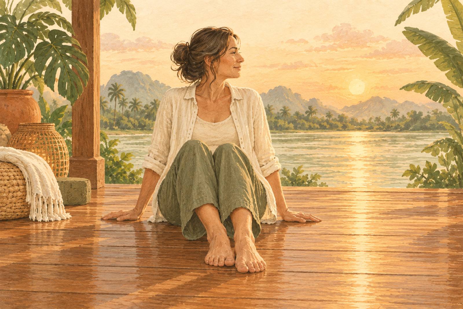 Woman sitting barefoot on a wooden deck looking out at the river at sunset