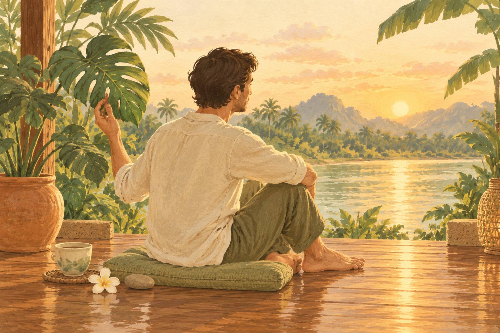 Man touching a plant leaf while looking out at the river