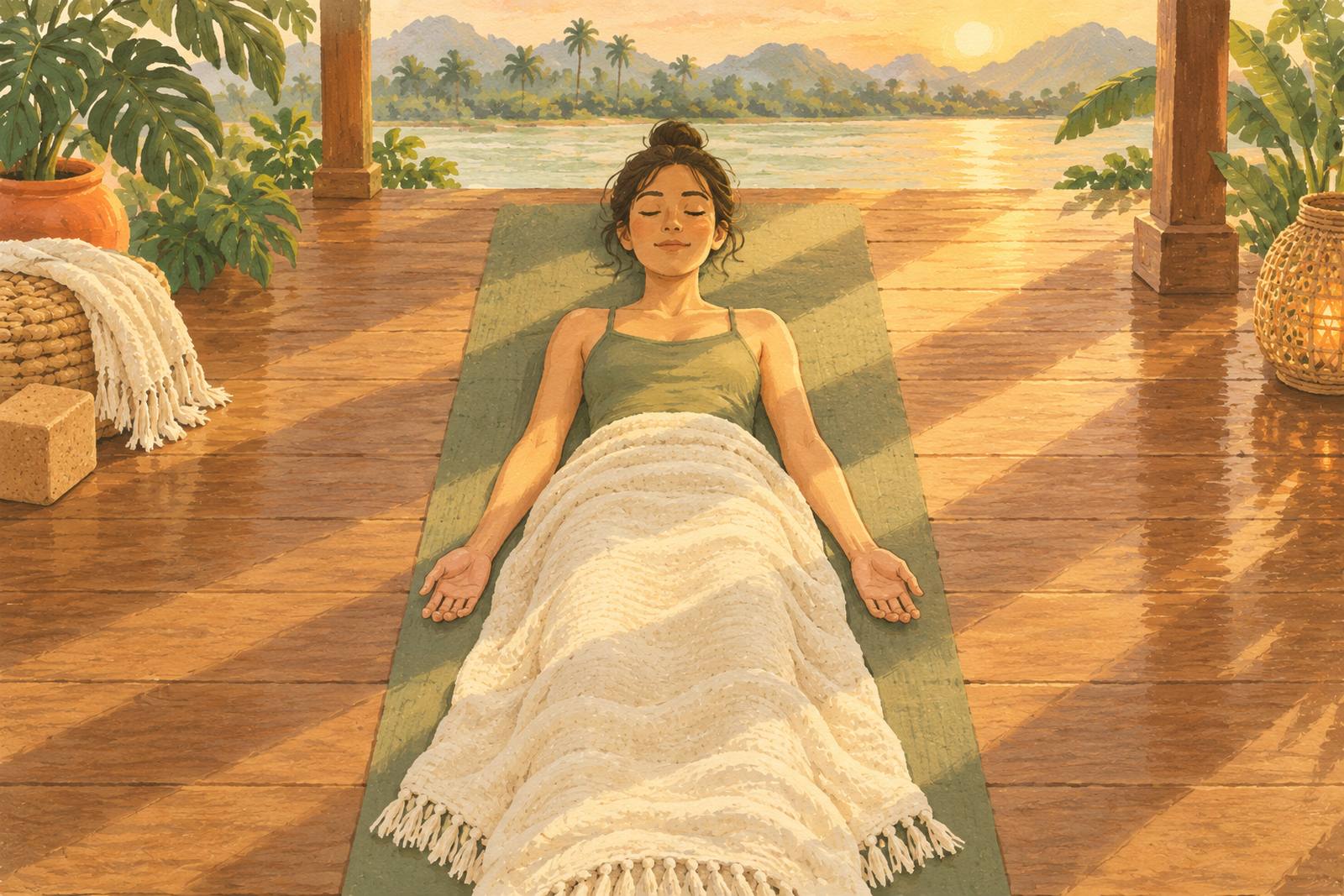 Woman lying on a yoga mat with her palms up and eyes closed, cream blanket over her legs