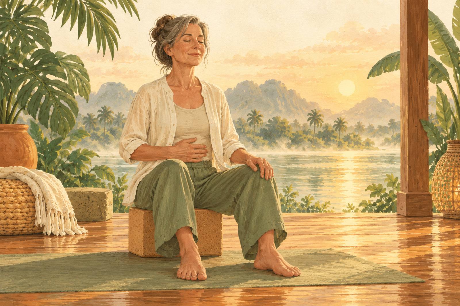 Woman seated with a hand on her belly breathing slowly by a misty river