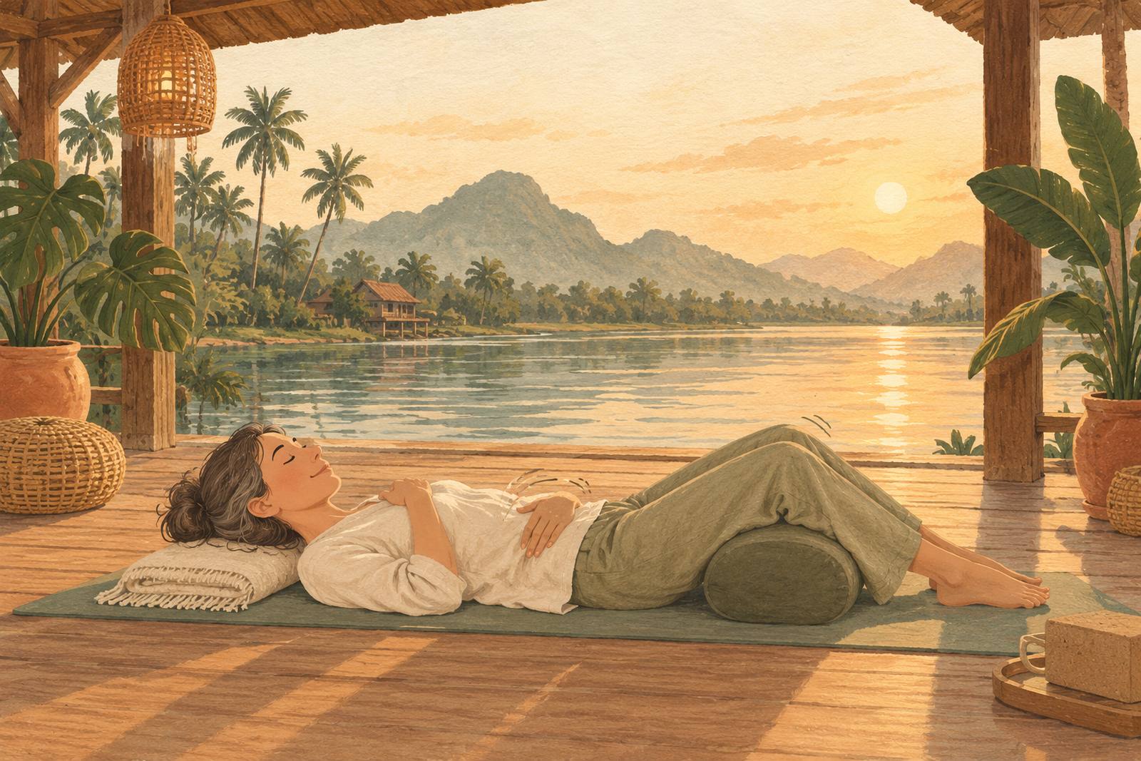 Woman lying on a yoga mat with one hand on her chest and one on her belly, breathing slowly