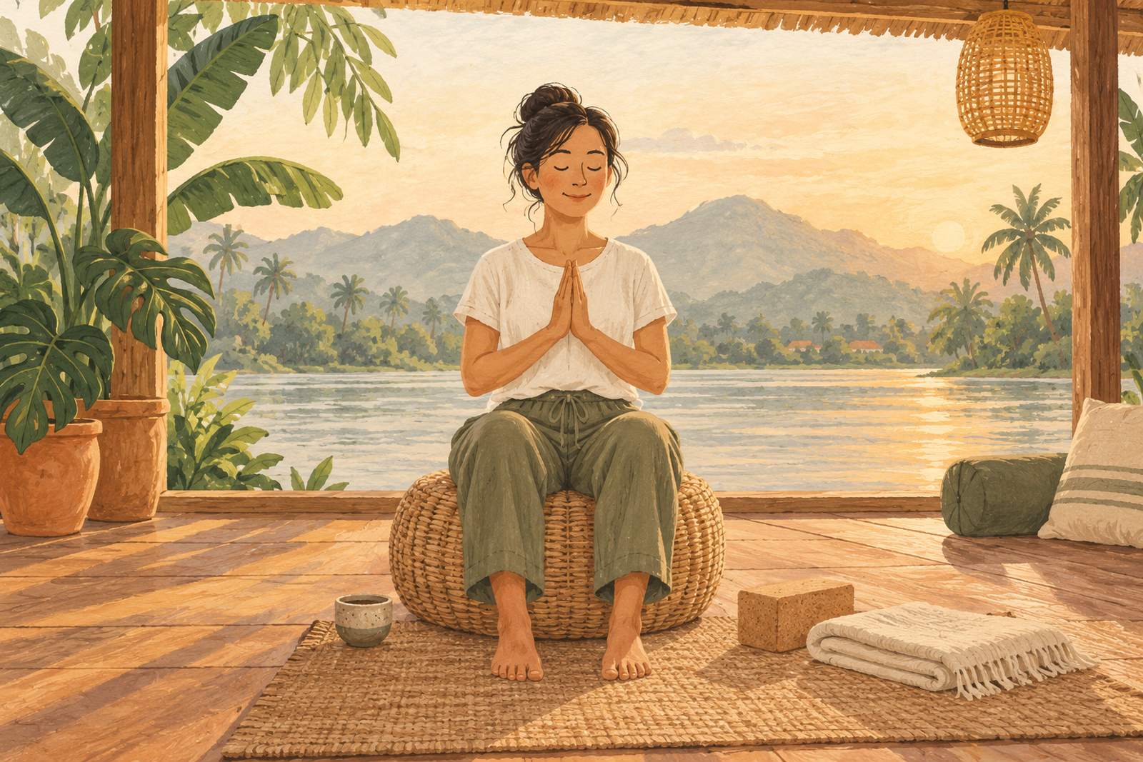 Woman sitting on a rattan pouf with her palms pressed together at her chest