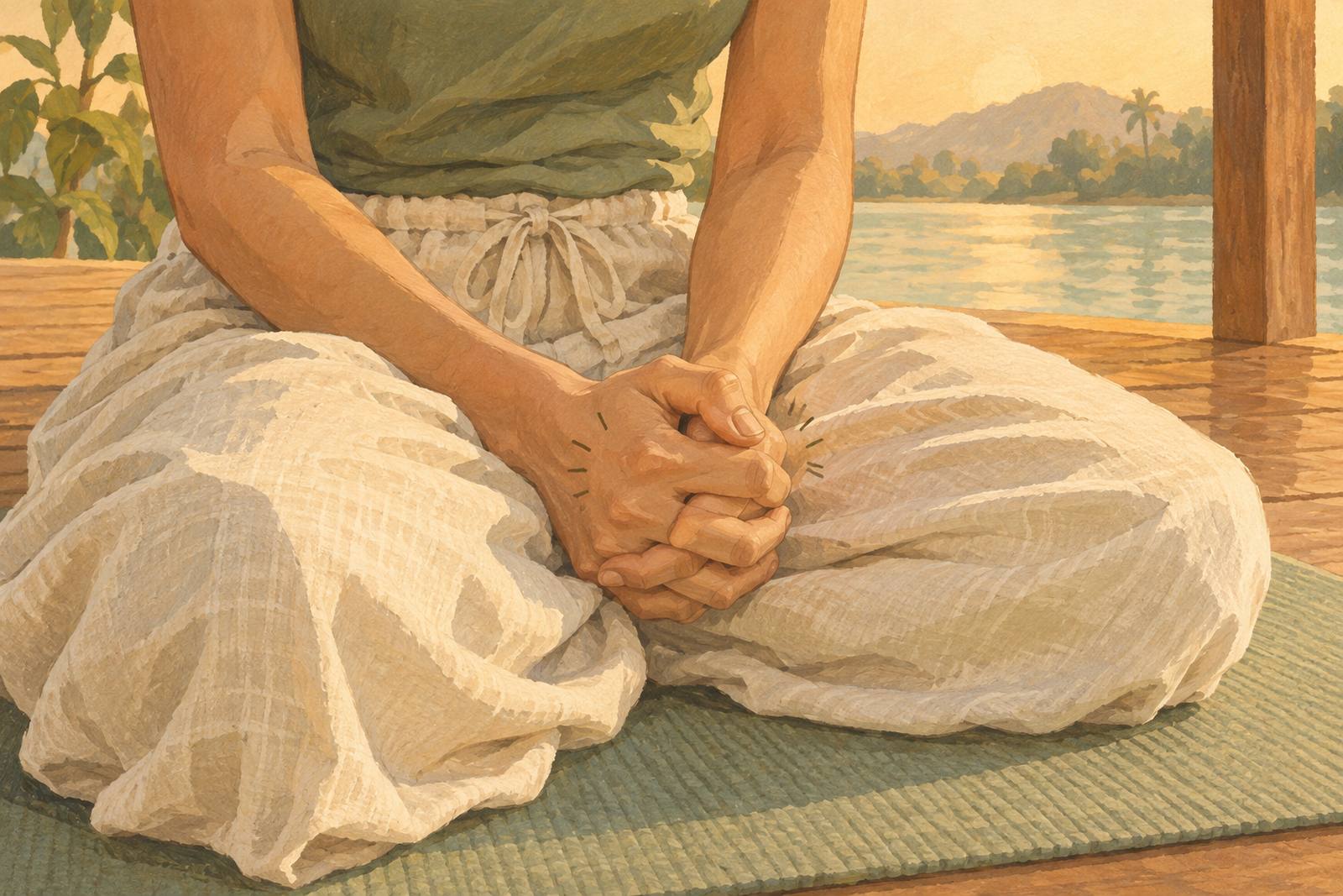 Close-up of hands tightly clasped in a lap