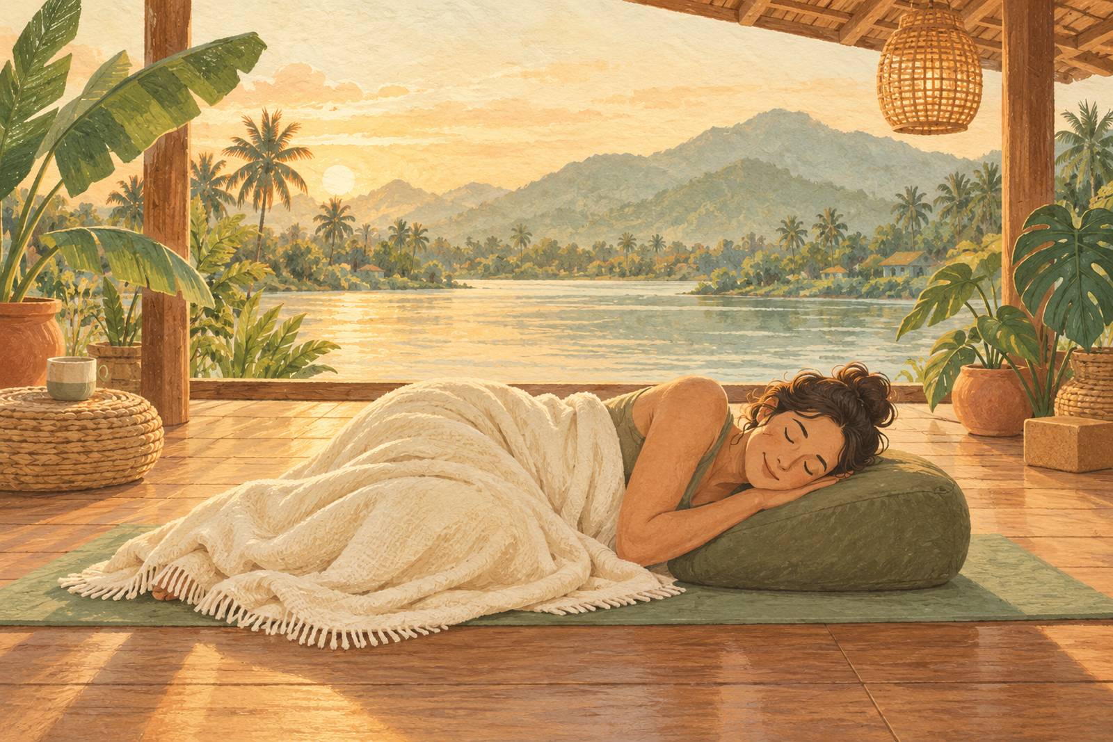 Woman resting on her side under a blanket with her head on a bolster