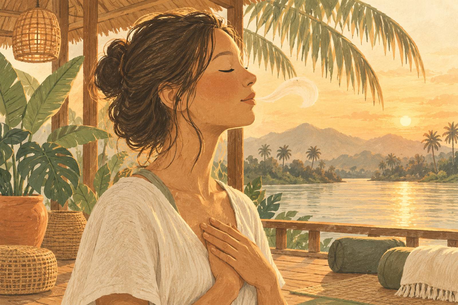 Woman in profile exhaling slowly with a hand resting on her chest