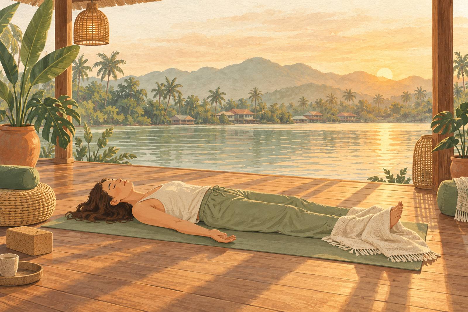 Woman resting flat on a yoga mat with palms up at the end of a practice