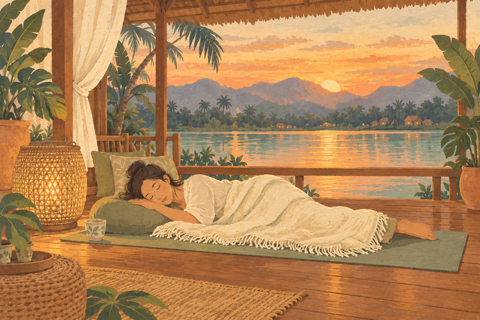 Woman lying under a blanket in a riverside pavilion at dusk with a glowing lantern