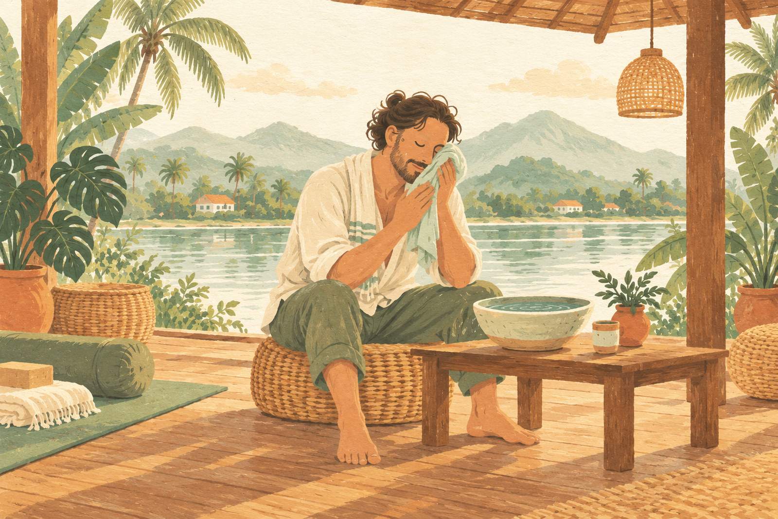 Man pressing a cool cloth to his face beside a bowl of water