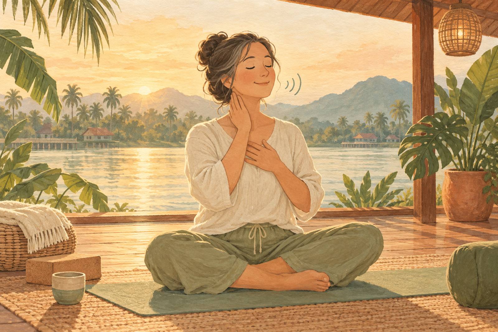 Woman humming with her eyes closed, one hand at her throat and one on her chest