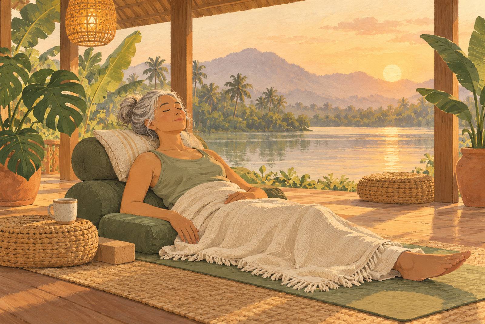Older woman resting on cushions under a blanket in warm evening light