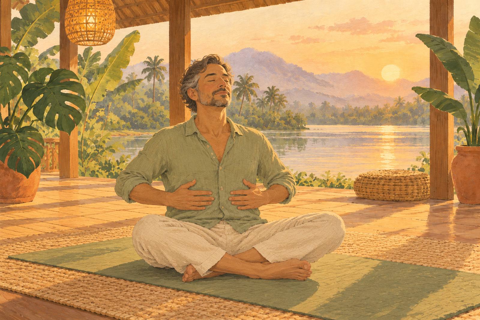 Man sitting cross-legged with his hands on his ribs, breathing slowly