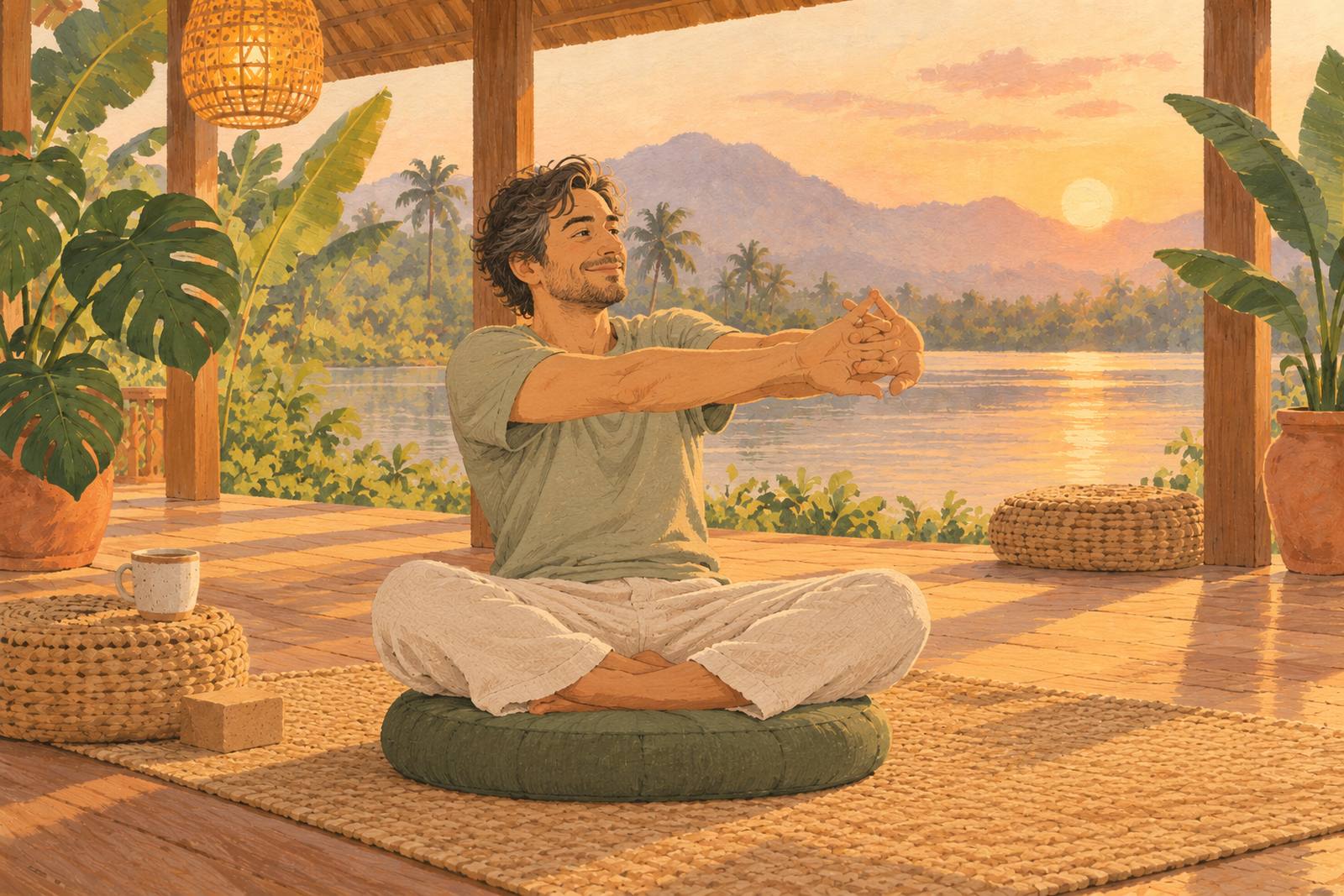 Man on a meditation cushion opening his eyes and stretching his arms forward with a smile
