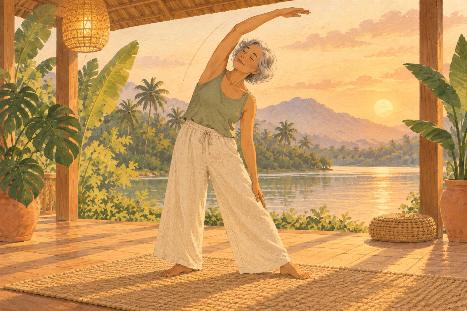 Older woman moving slowly through a standing side stretch