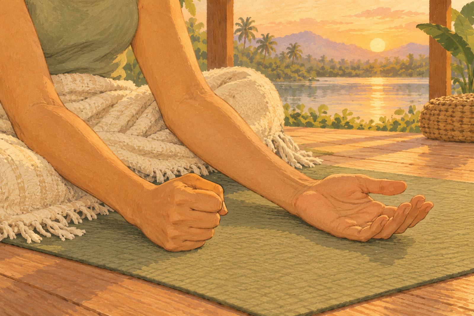 One hand gently clenched and one hand open, resting on a yoga mat
