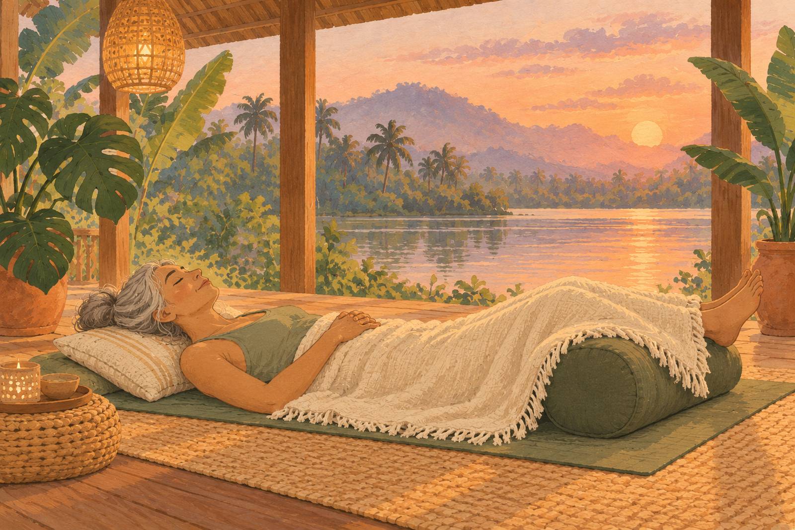 Woman lying with her legs resting on a bolster at dusk