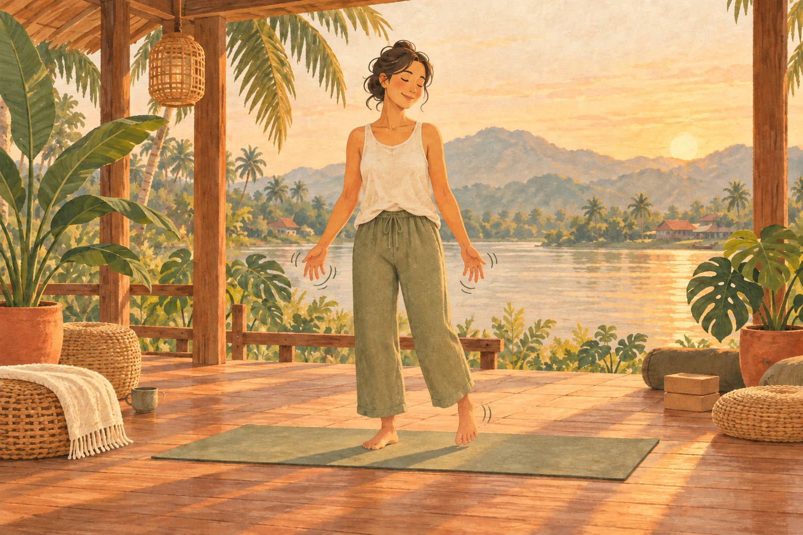 Woman standing on a yoga mat gently shaking out her hands and arms