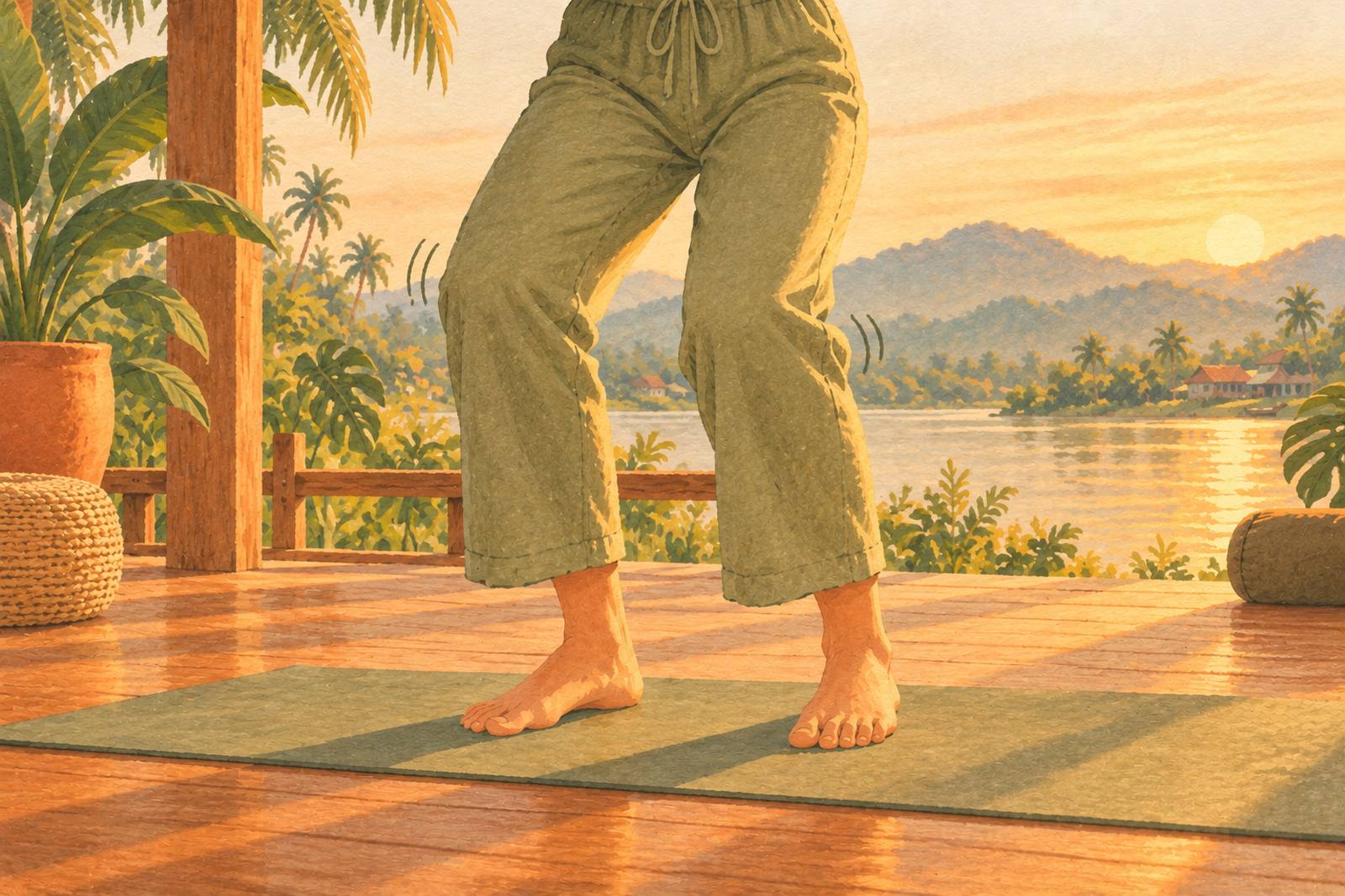 Close-up of bent knees and feet on a yoga mat with a slight natural tremor