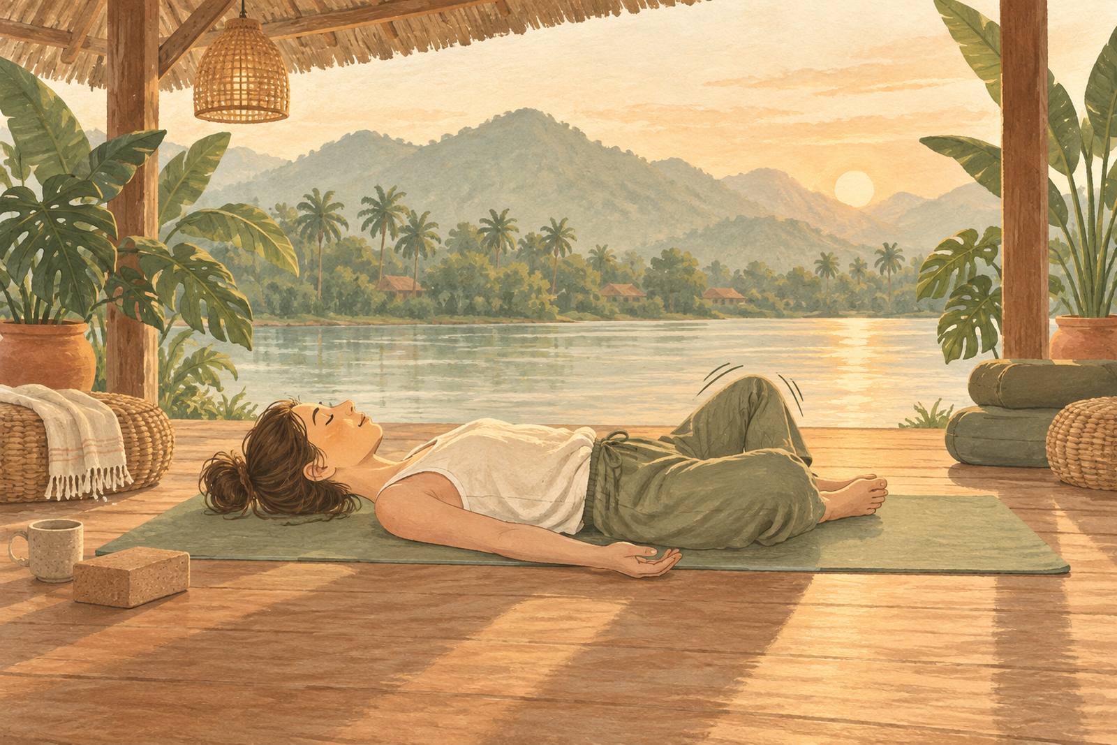 Woman lying on a mat in a butterfly position with her knees gently trembling