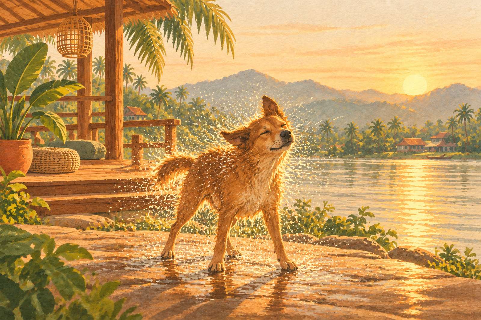 Dog shaking water off its coat on a riverbank at sunset