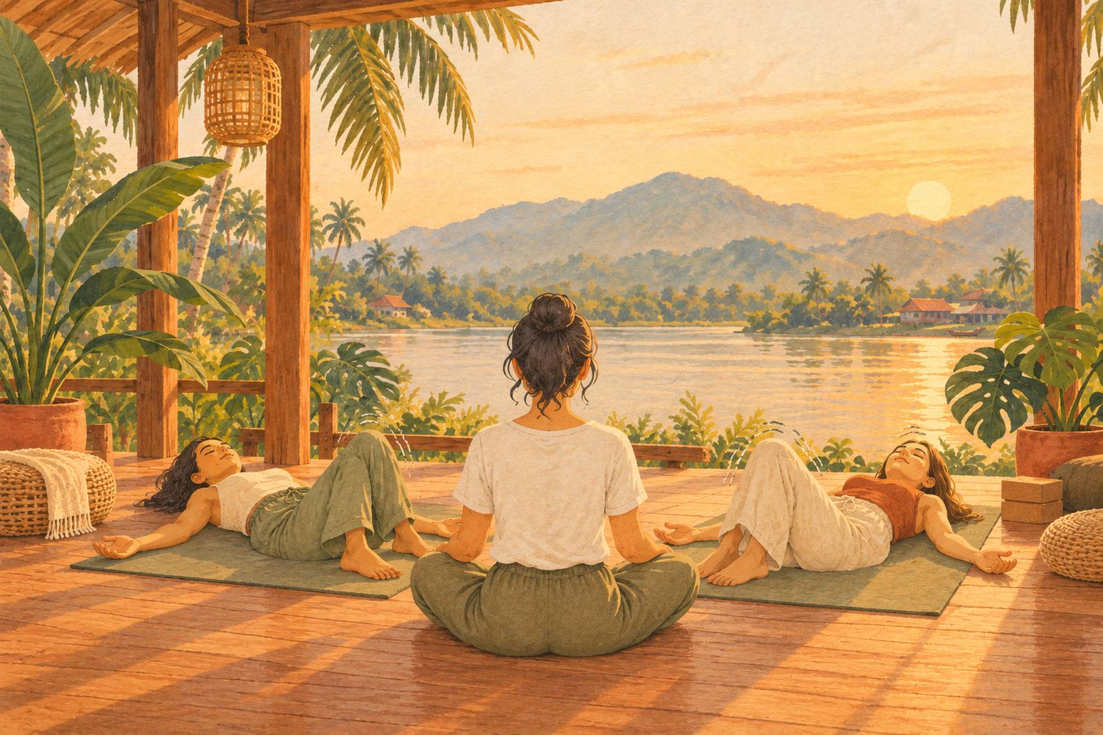 Two women lying on mats in a small group TRE session with a practitioner nearby