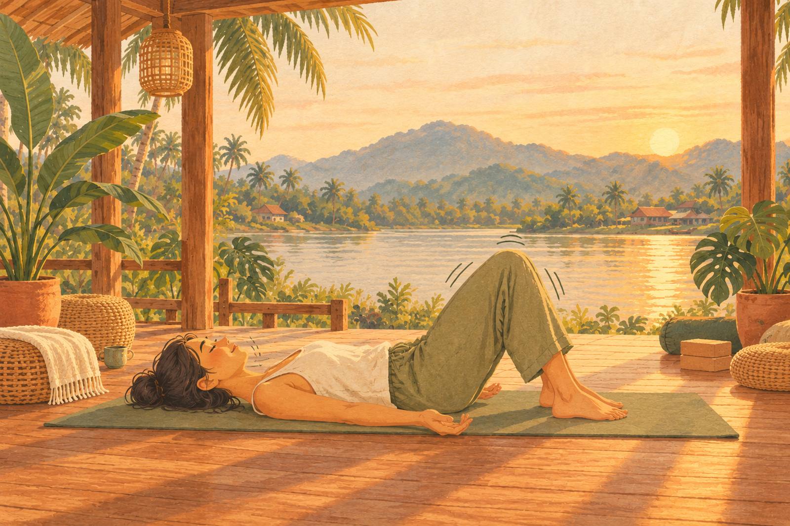 Woman lying on a mat with bent knees, her legs gently trembling