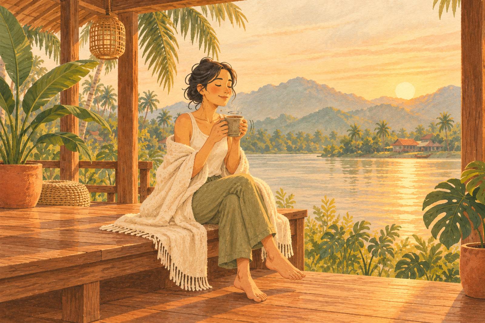 Woman wrapped in a blanket holding a warm cup in both hands