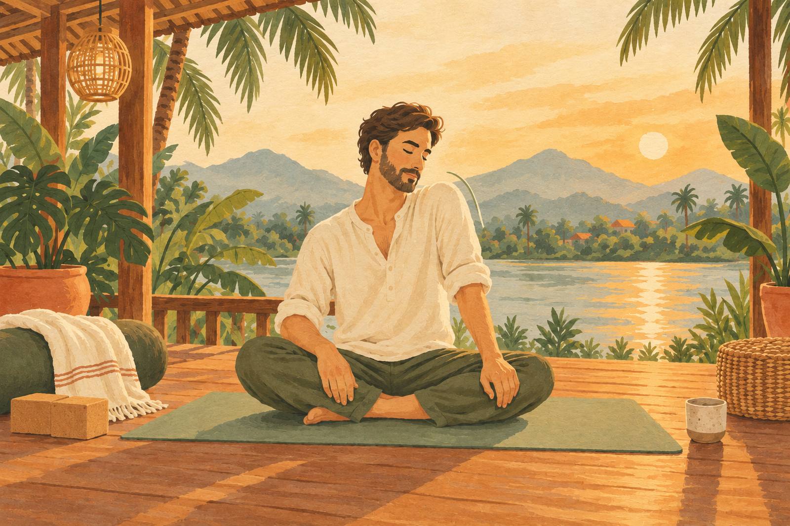 Man sitting on a yoga mat slowly rolling one shoulder