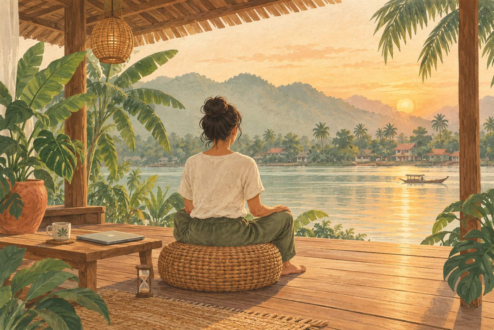 Woman taking a short pause on a rattan pouf next to a cup of tea and a closed laptop