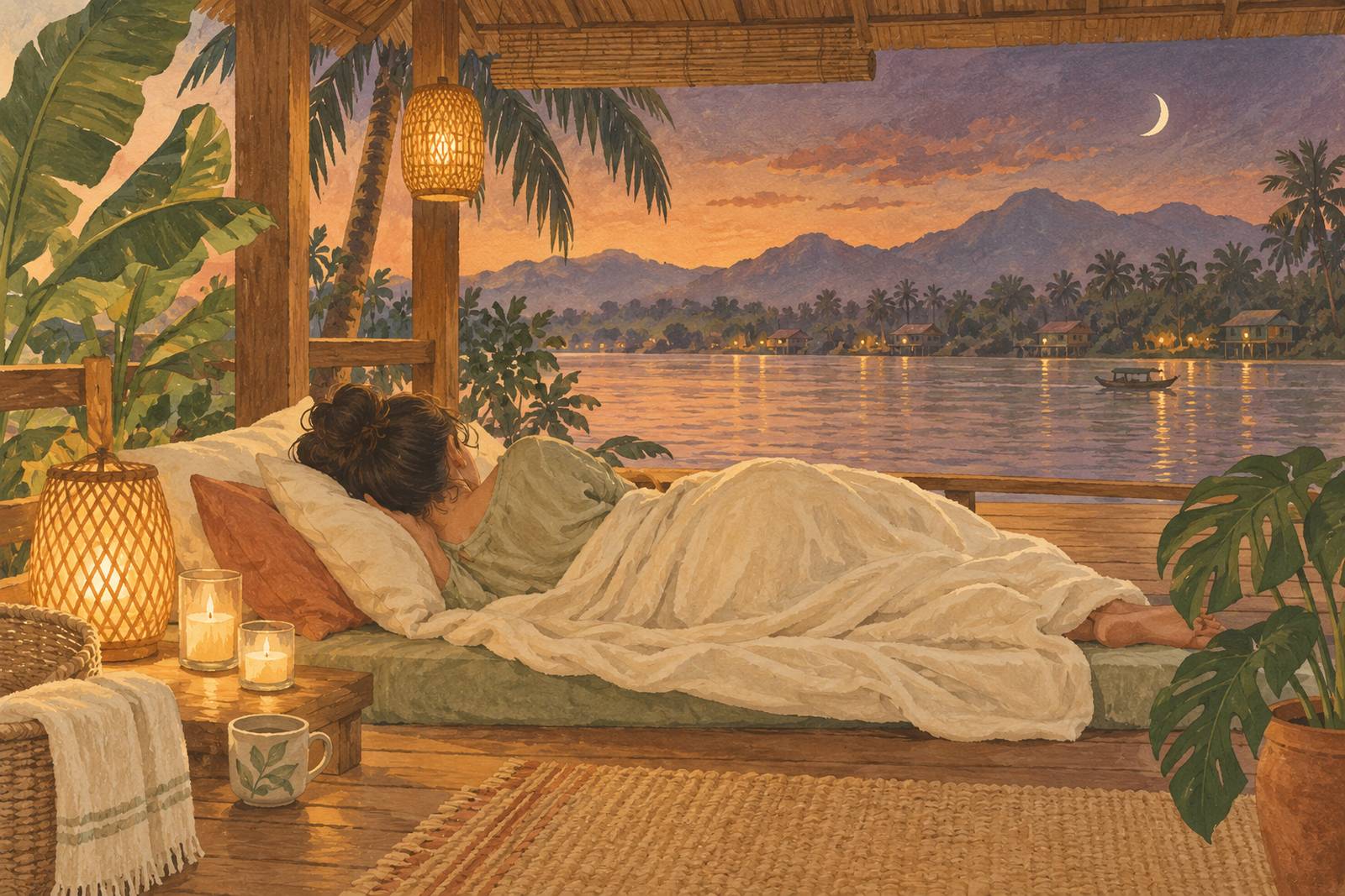 Woman lying on her side on a low mattress lit by a lantern at night