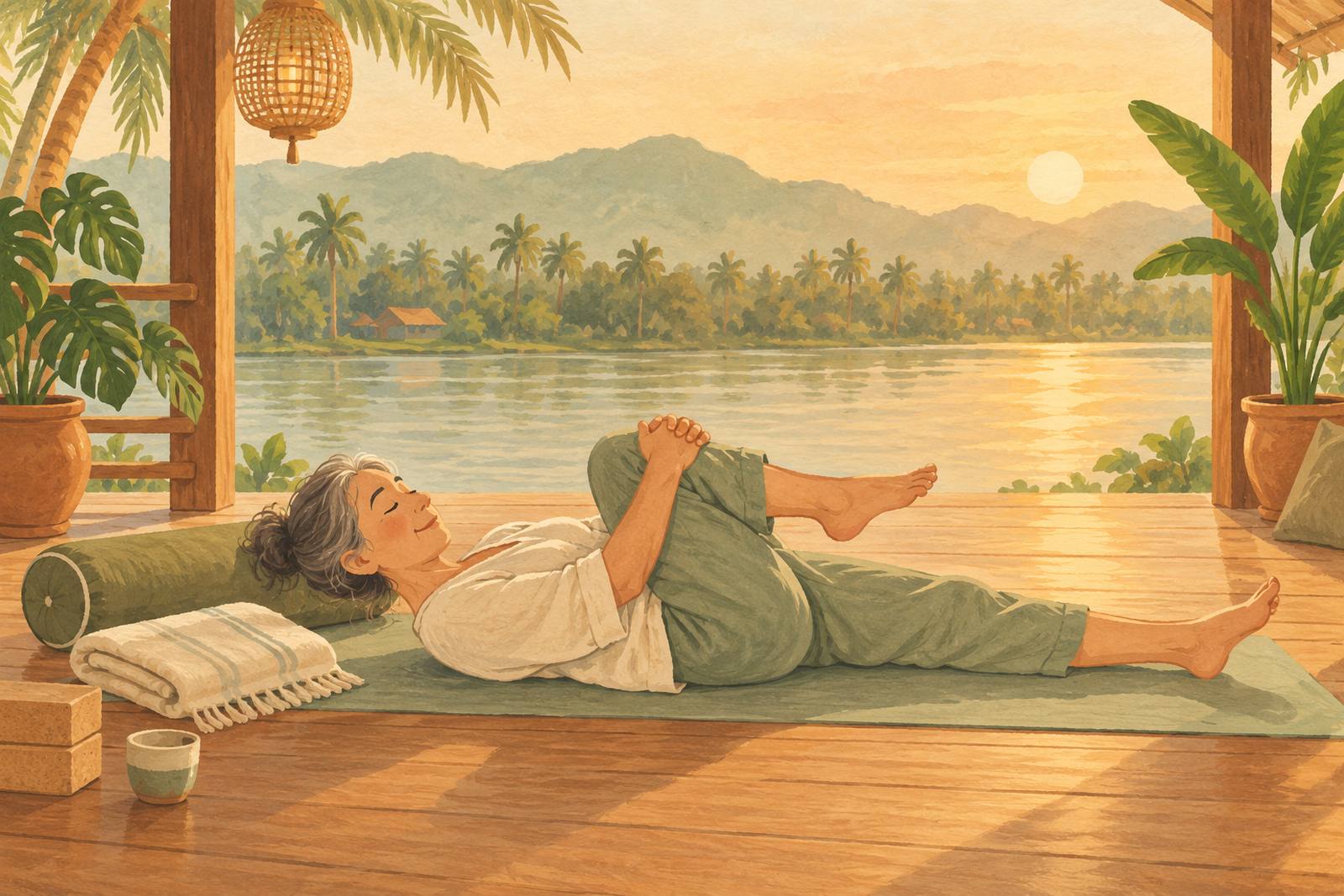 Woman on a yoga mat gently hugging one knee towards her chest