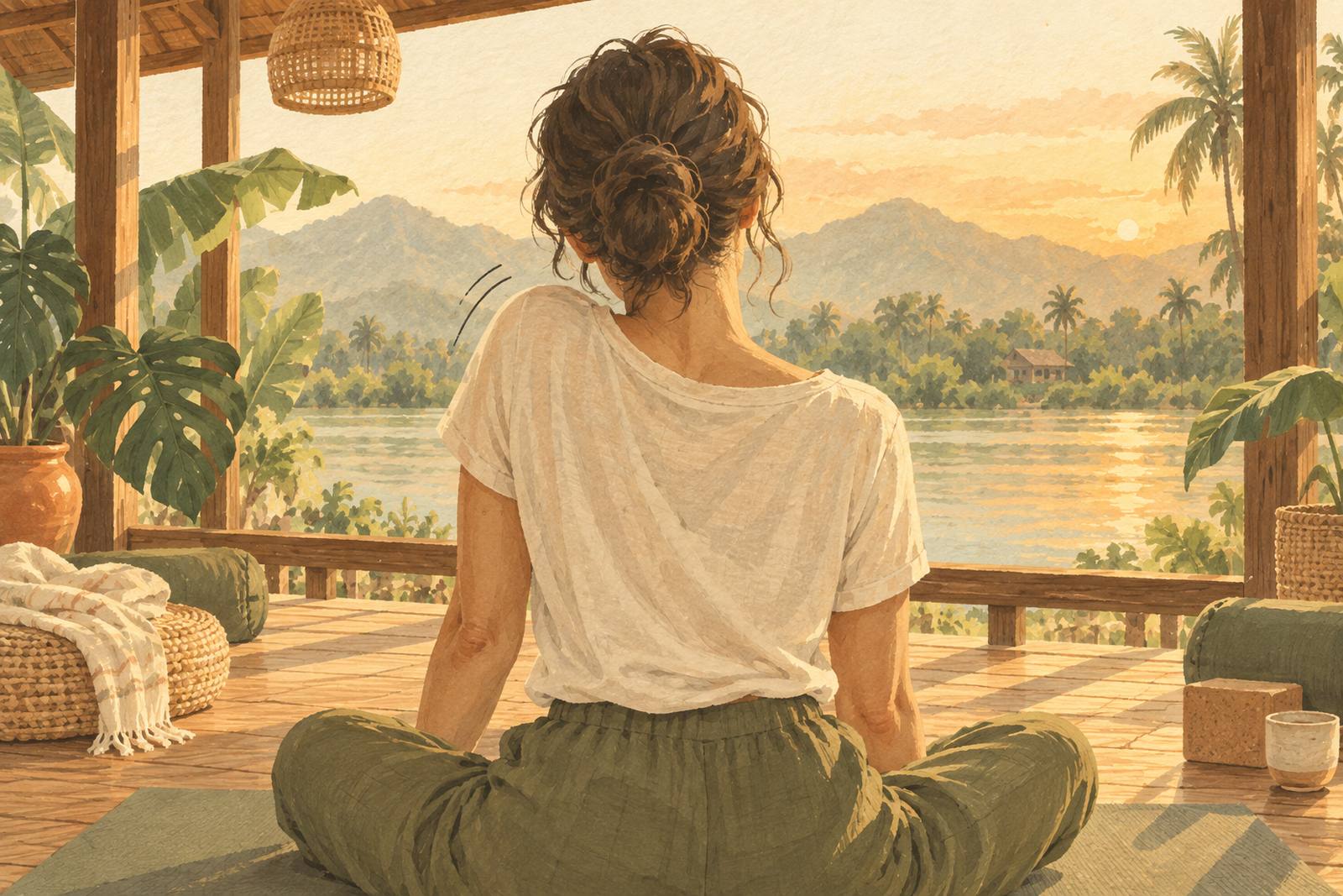 Woman seen from behind lifting one shoulder towards her ear