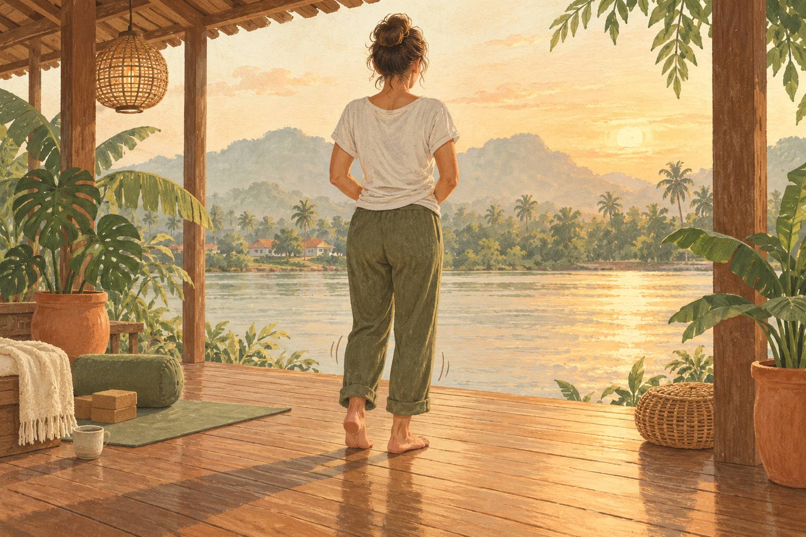 Woman standing barefoot with soft knees and hands on her lower belly