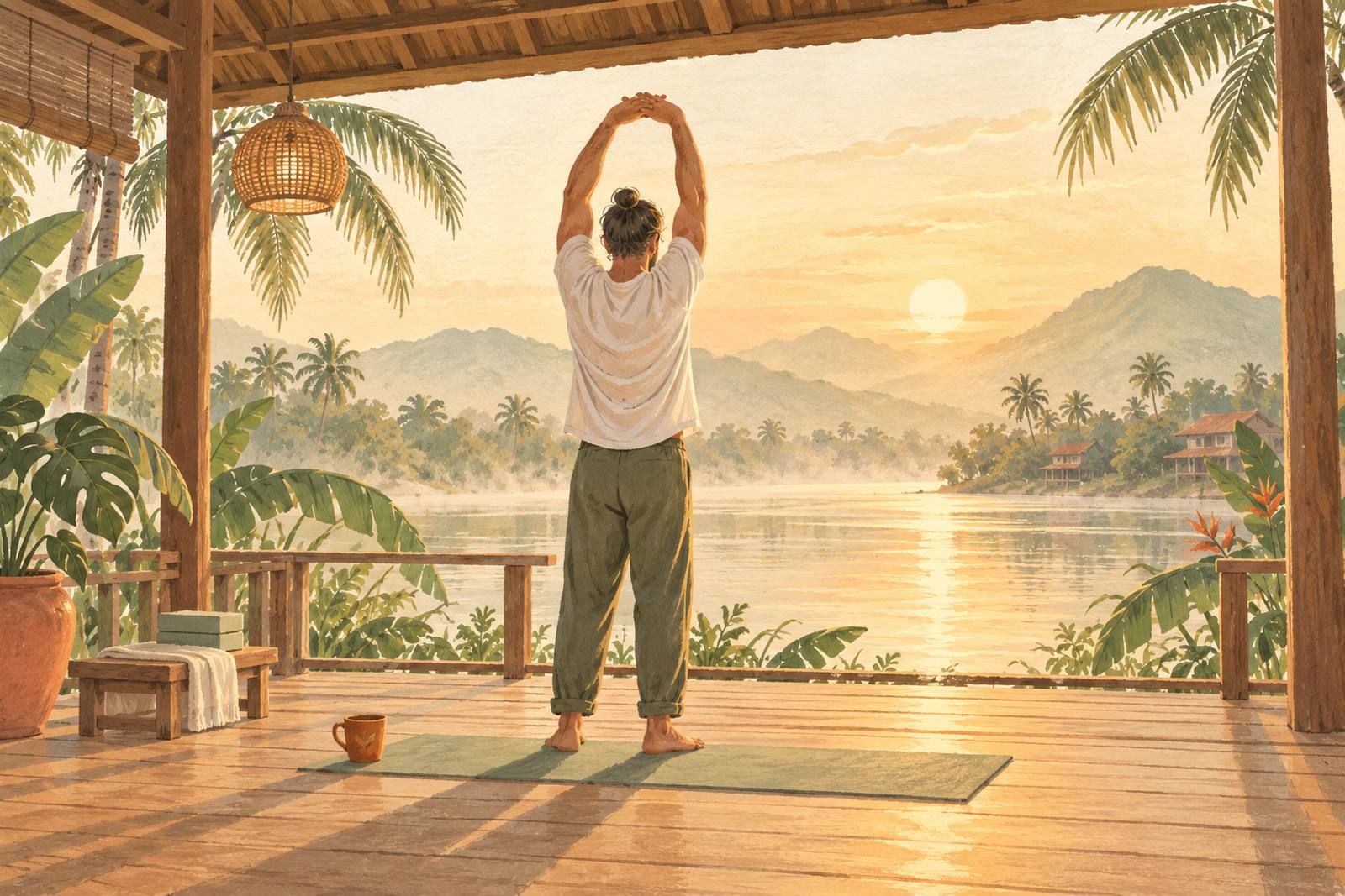 Man stretching his arms overhead on a wooden deck above a misty river at sunrise