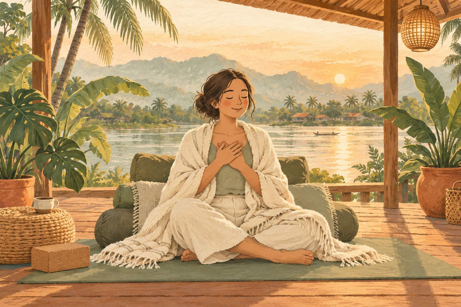 Woman wrapped in a blanket with both hands resting over her heart