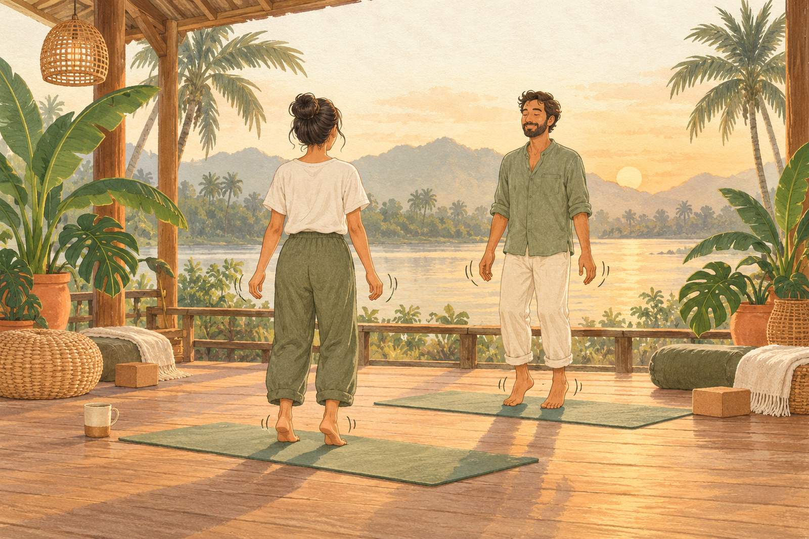 Man and woman gently bouncing on their heels with loose arms on yoga mats