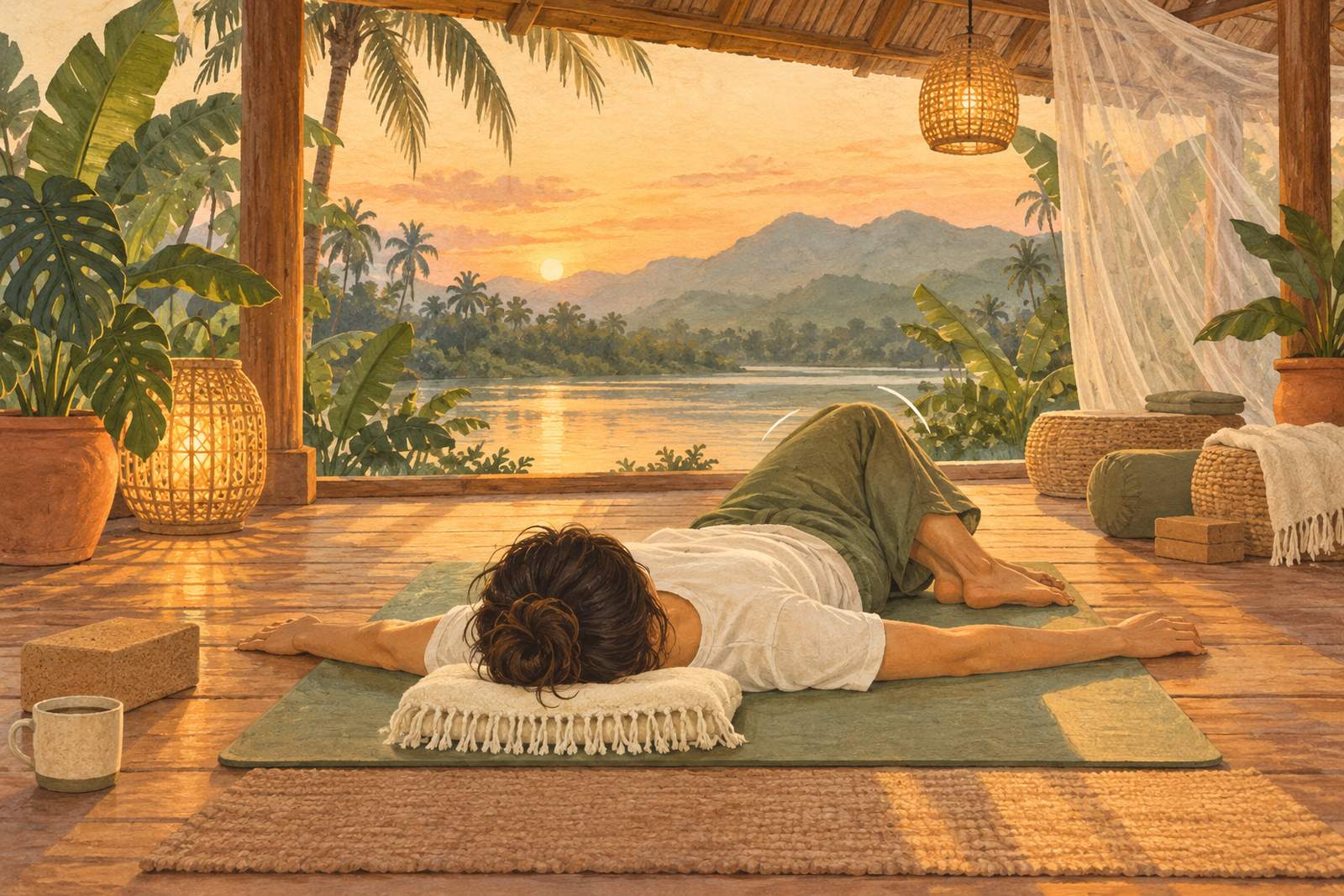 Woman lying face down on a mat with one knee bent and her head on a cream cushion at dusk