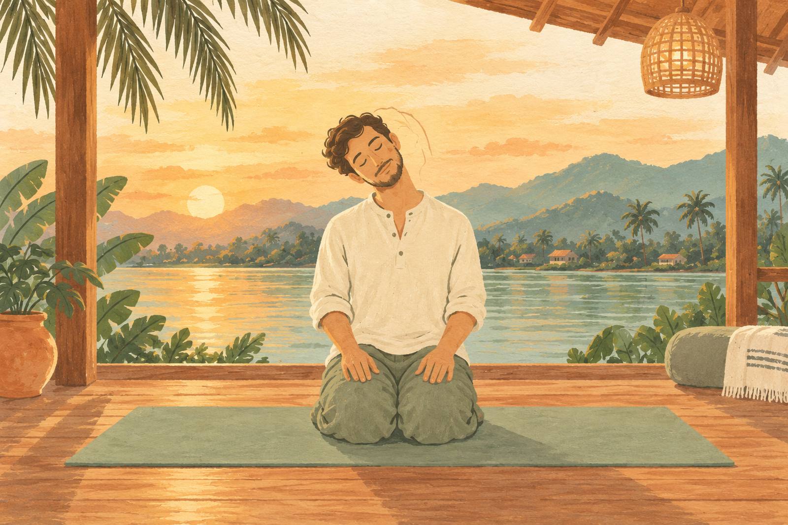 Man kneeling on a mat slowly tilting his head to one side