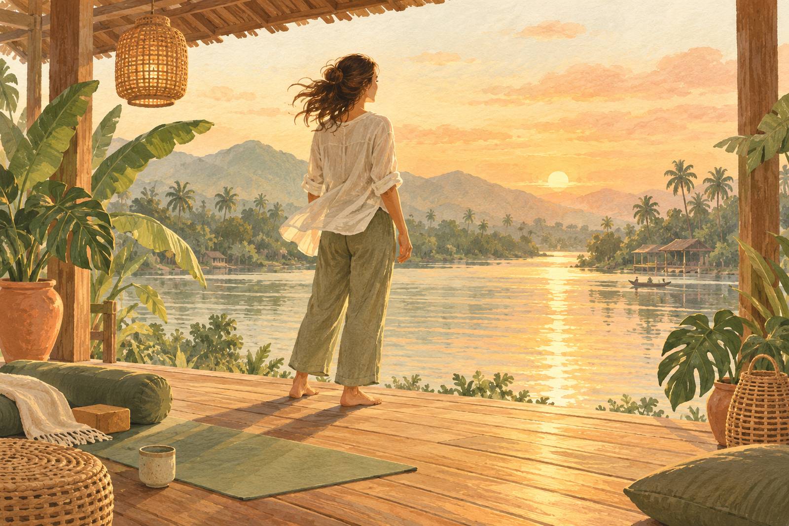 Woman standing at the edge of a wooden deck facing the river, letting her shoulders drop