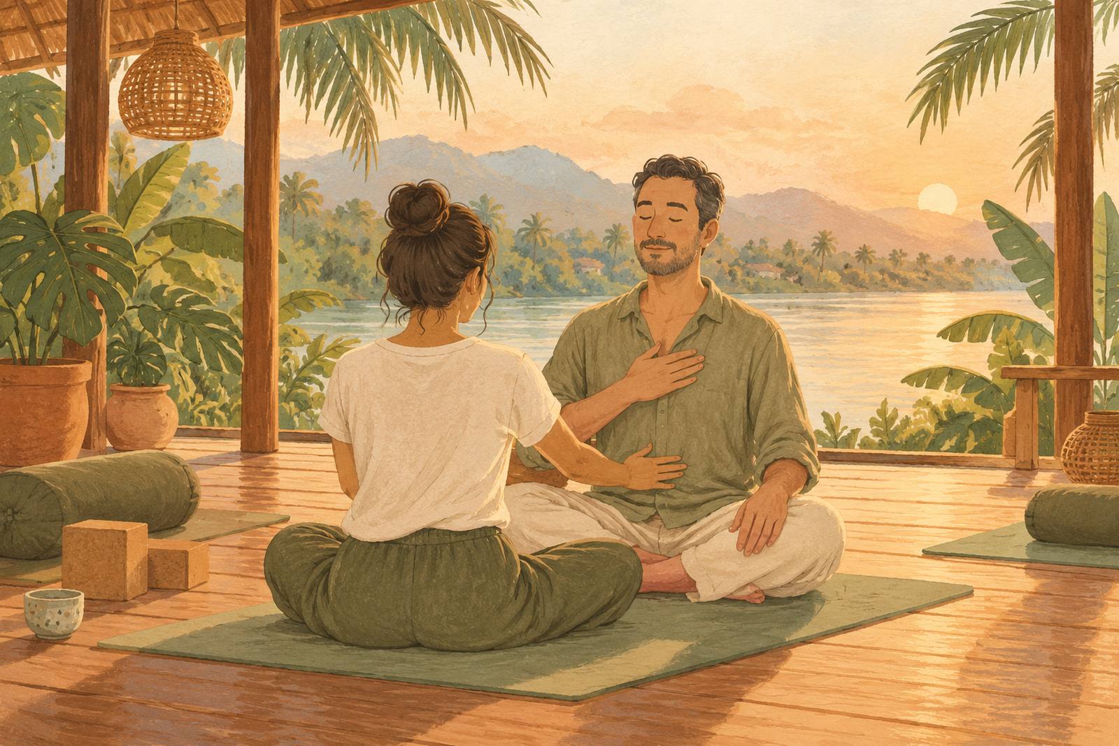 Practitioner seen from behind guiding a seated man with his hand on his chest