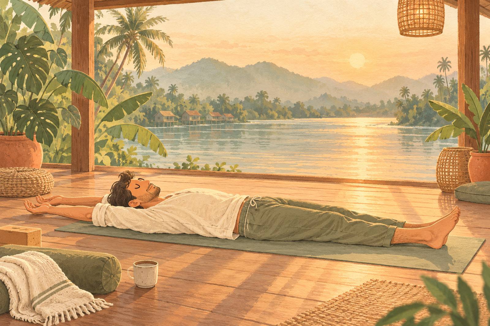 Man lying on a mat stretching his arms overhead in a full-body stretch