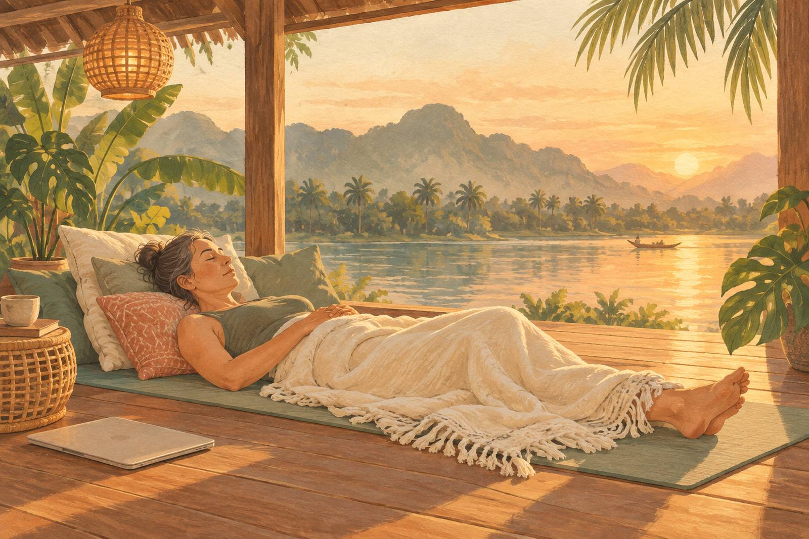 Woman lying at rest on a mat with a closed laptop pushed aside