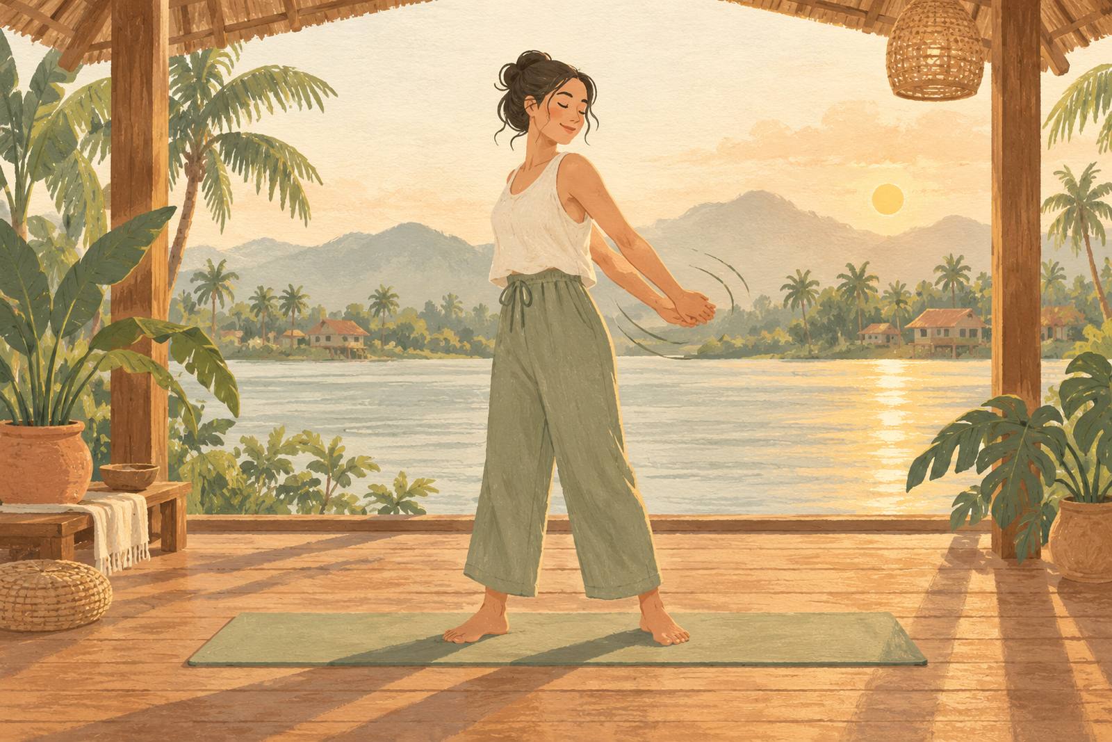 Woman standing on a mat with her hands clasped behind her back in a gentle chest-opening stretch