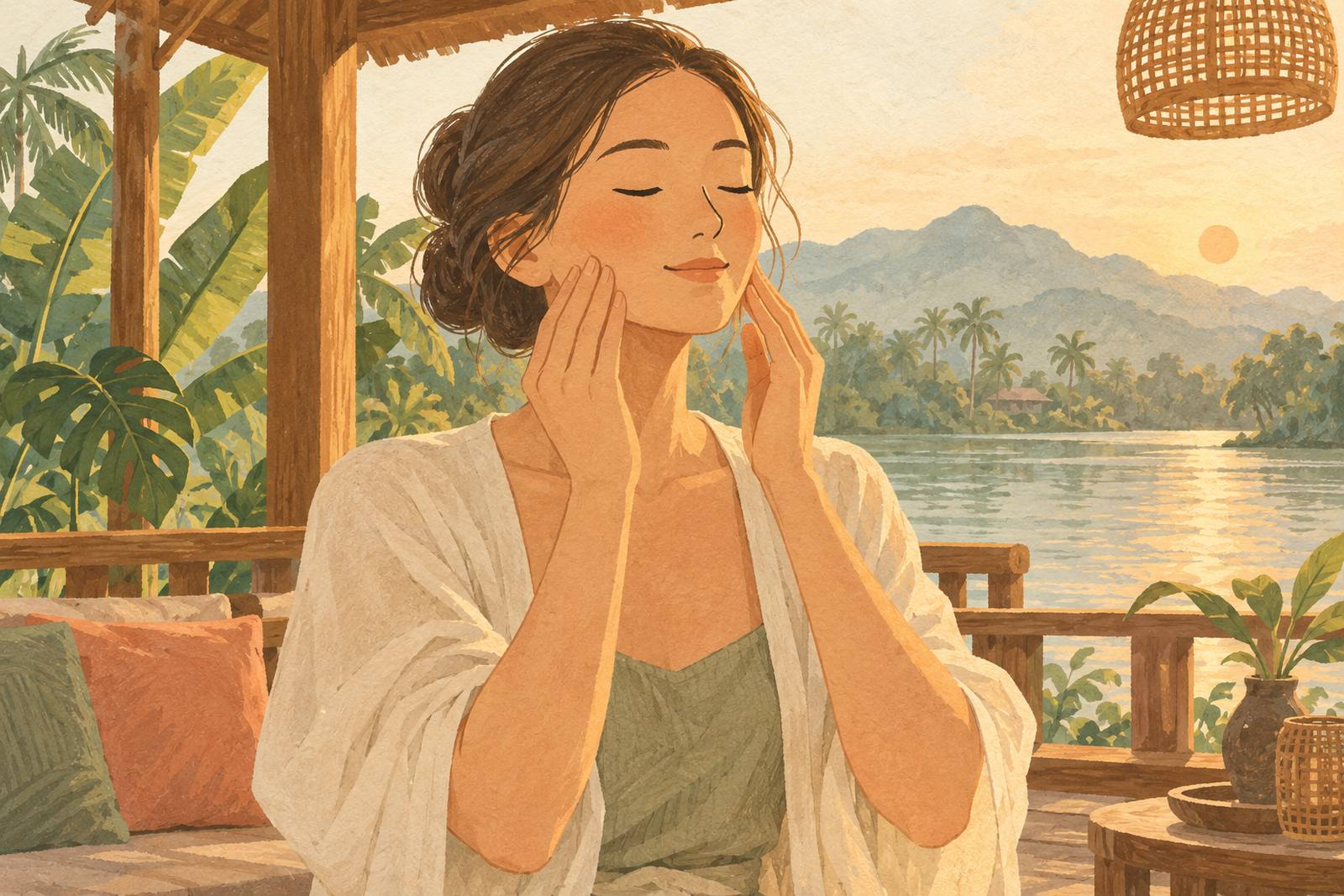 Woman massaging her jaw with her fingertips, eyes closed
