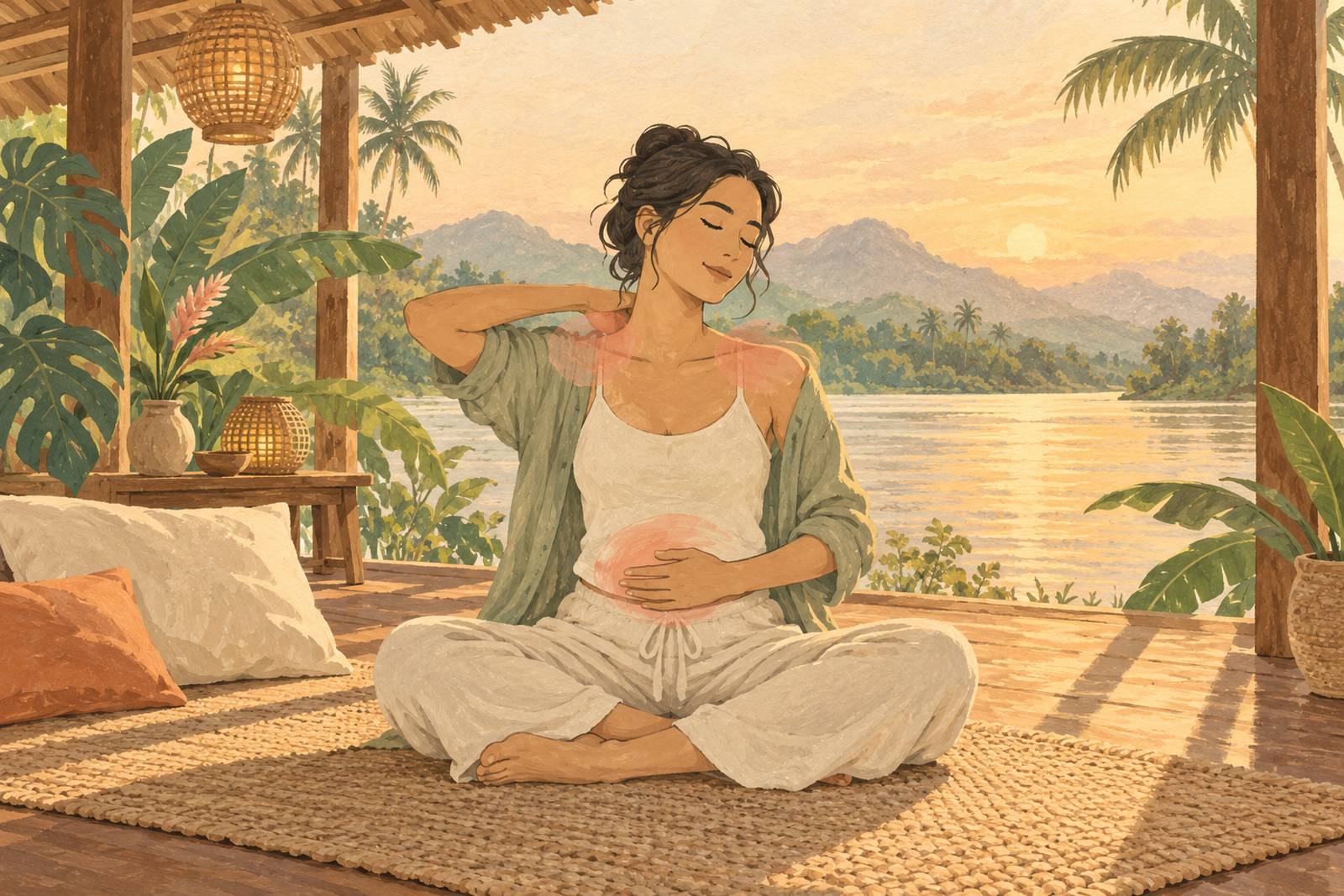 Woman sitting cross-legged with one hand on her stomach, noticing sensations