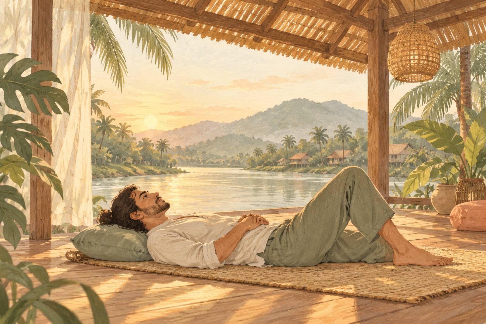 Man lying on a mat with his eyes open, looking up at the wooden roof