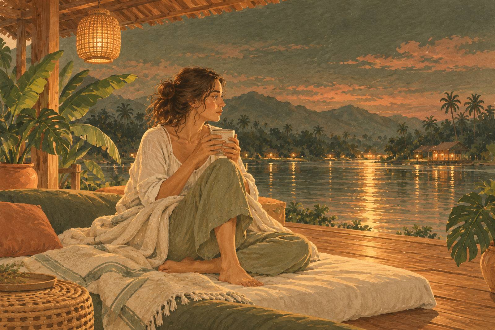 Woman sitting up in bed at night holding a cup of tea in both hands