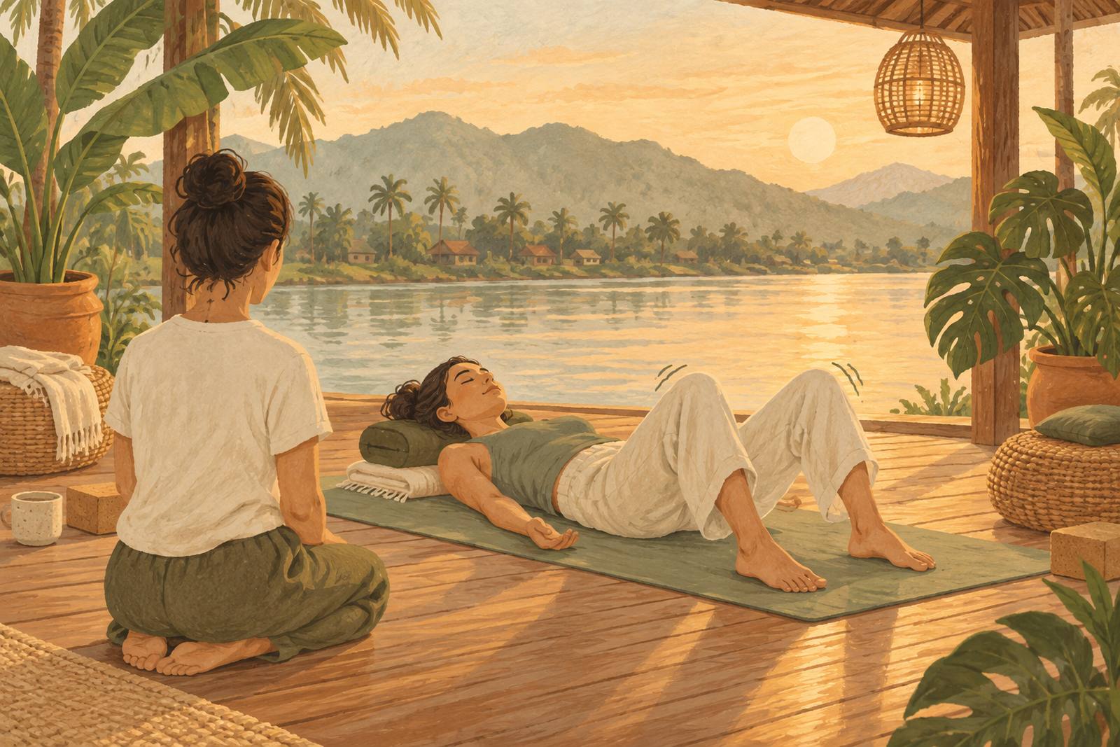 Woman lying on a mat with bent knees during a TRE session, practitioner nearby