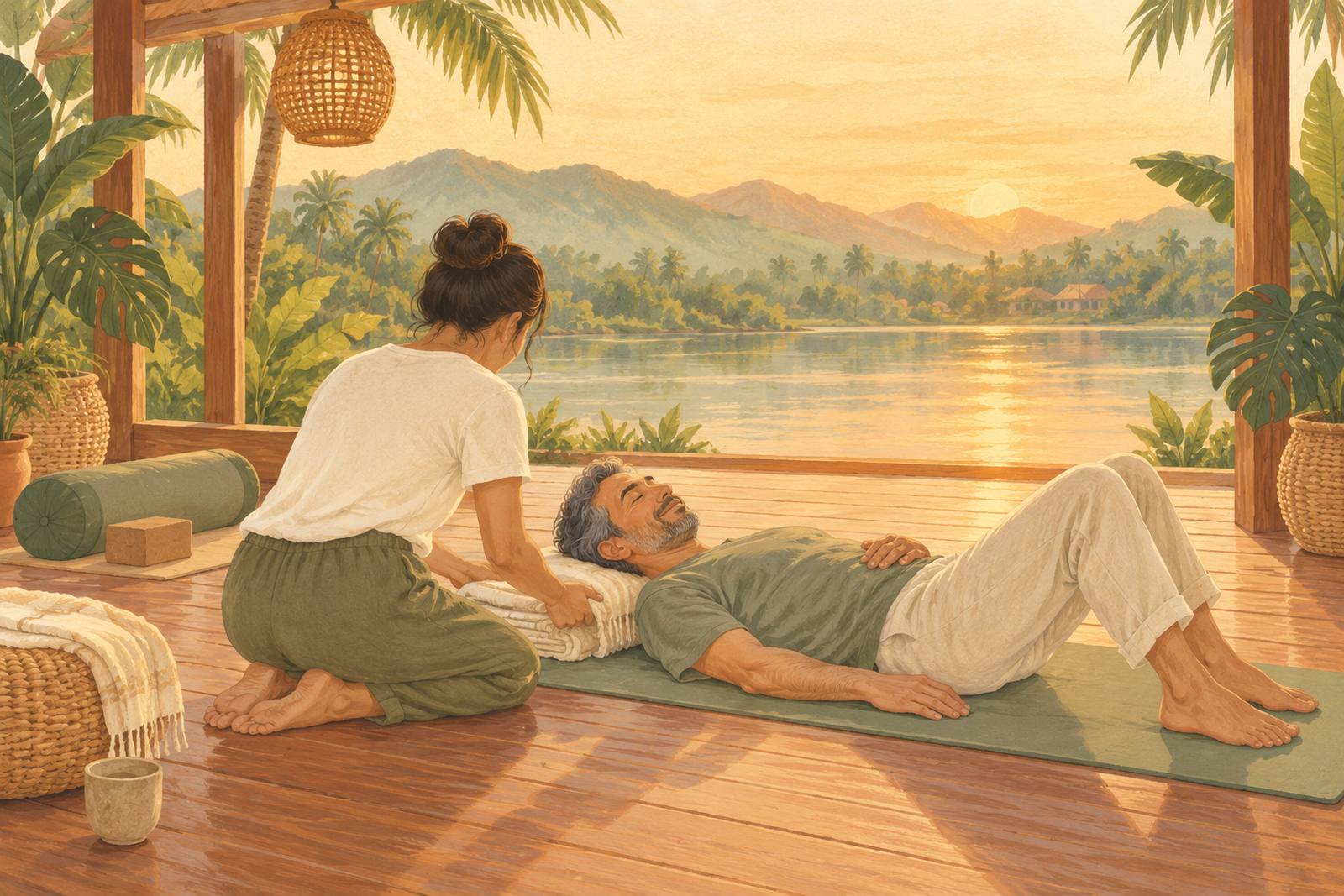 Practitioner placing a folded blanket under a man's head as he lies on a mat