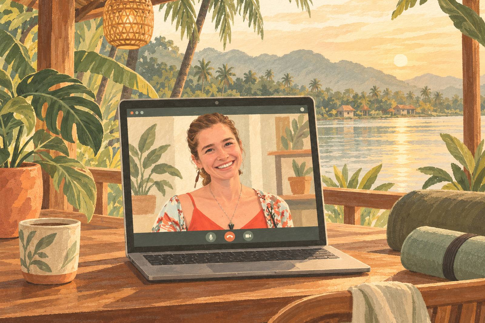 Open laptop on a wooden table showing a video session, with tea and yoga props nearby