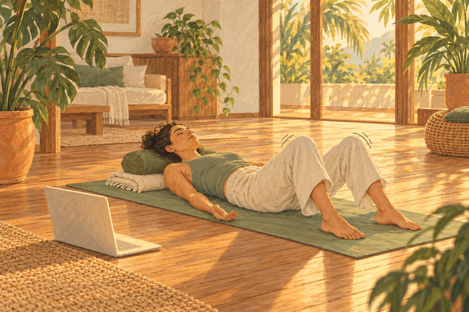 Woman lying on a yoga mat at home in front of a laptop, following an online session